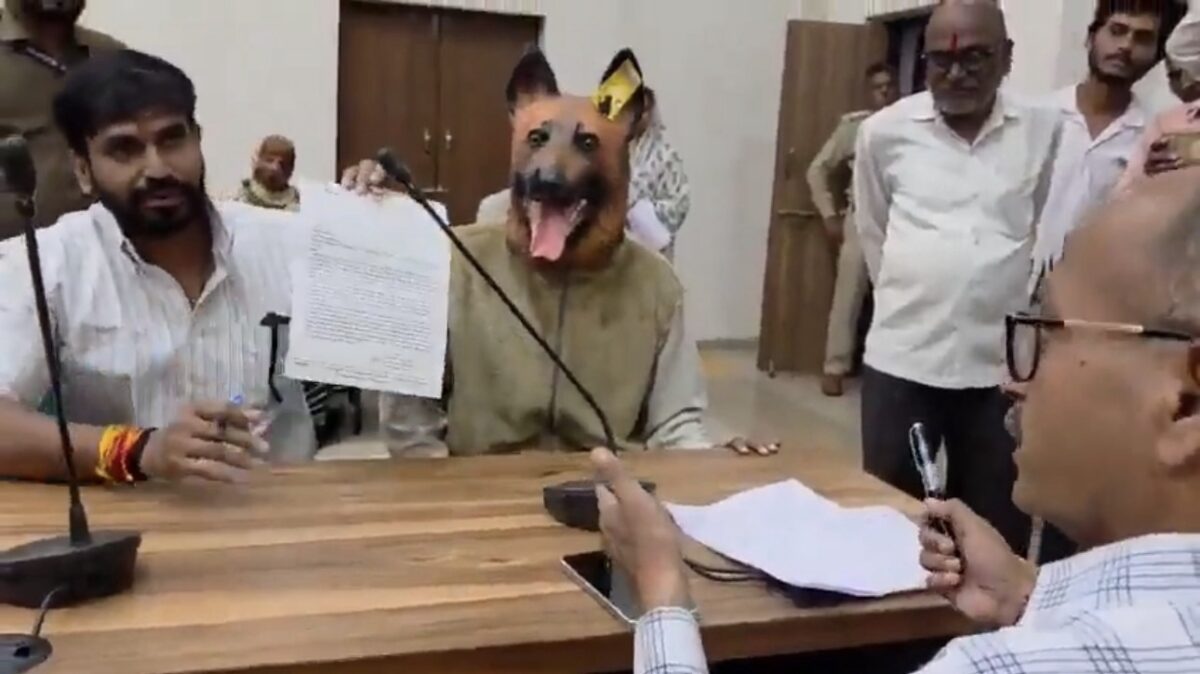 ಬೀದಿ ನಾಯಿ ಕಾಟ: ನಾಯಿ ವೇಷ ಧರಿಸಿ ಕಲೆಕ್ಟರೇಟ್‌ನಲ್ಲಿ ವಿನೂತನ ಪ್ರತಿಭಟನೆ